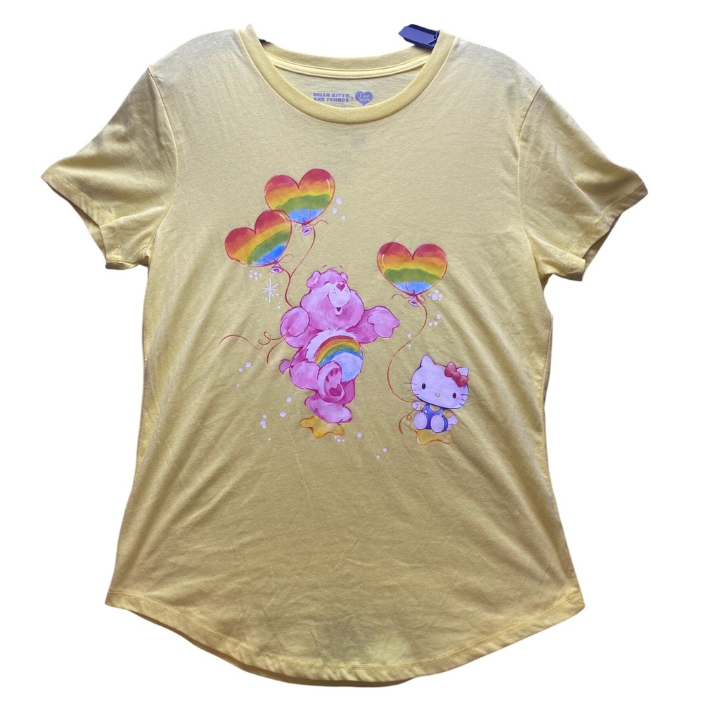 Hello Kitty x Care Bears‎ Shirt Womens Large Collab Rainbow Balloons Yellow